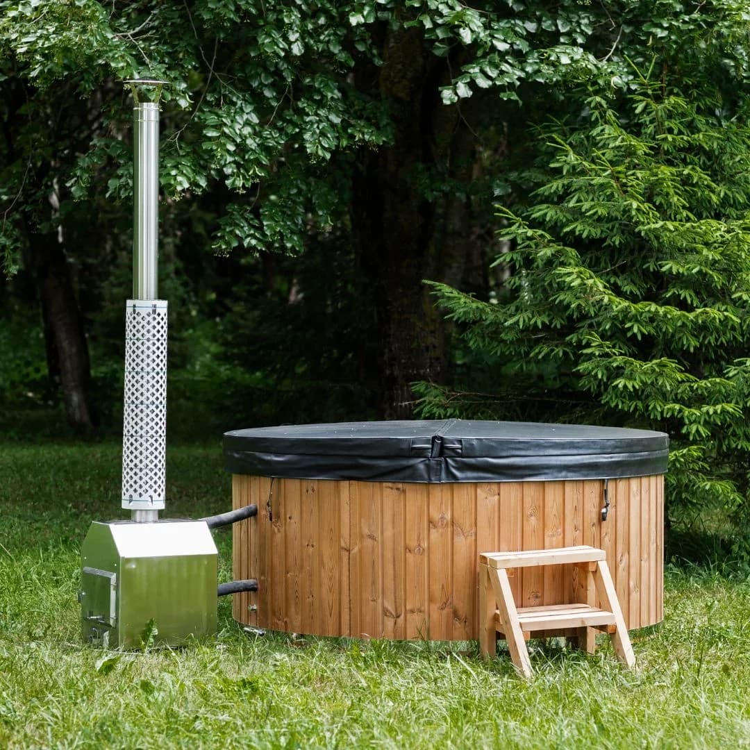 Outdoor Fiberglass Round Hot Tub with External Heater, view 2