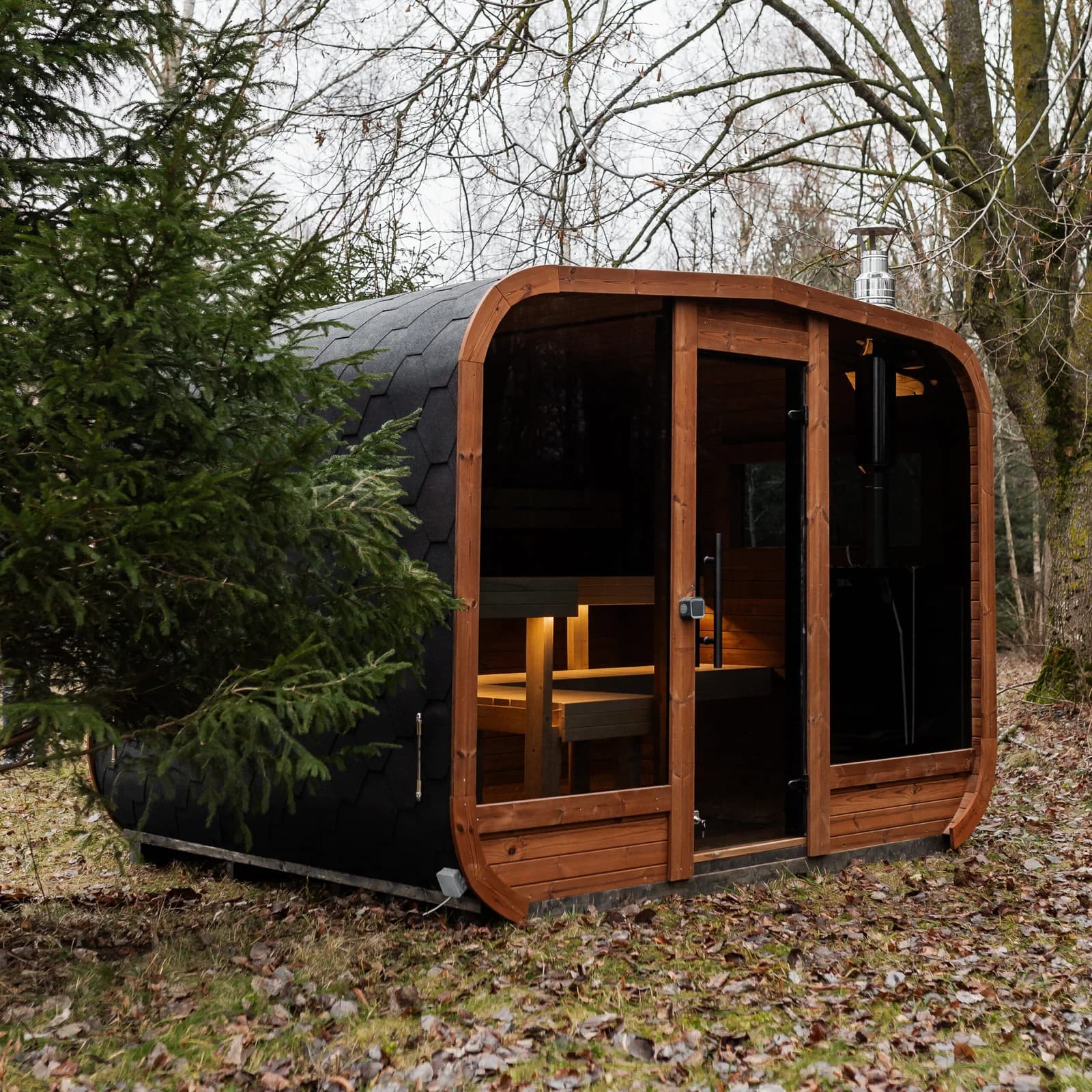 Wooden Outdoor Sauna With Panoramic Front Window