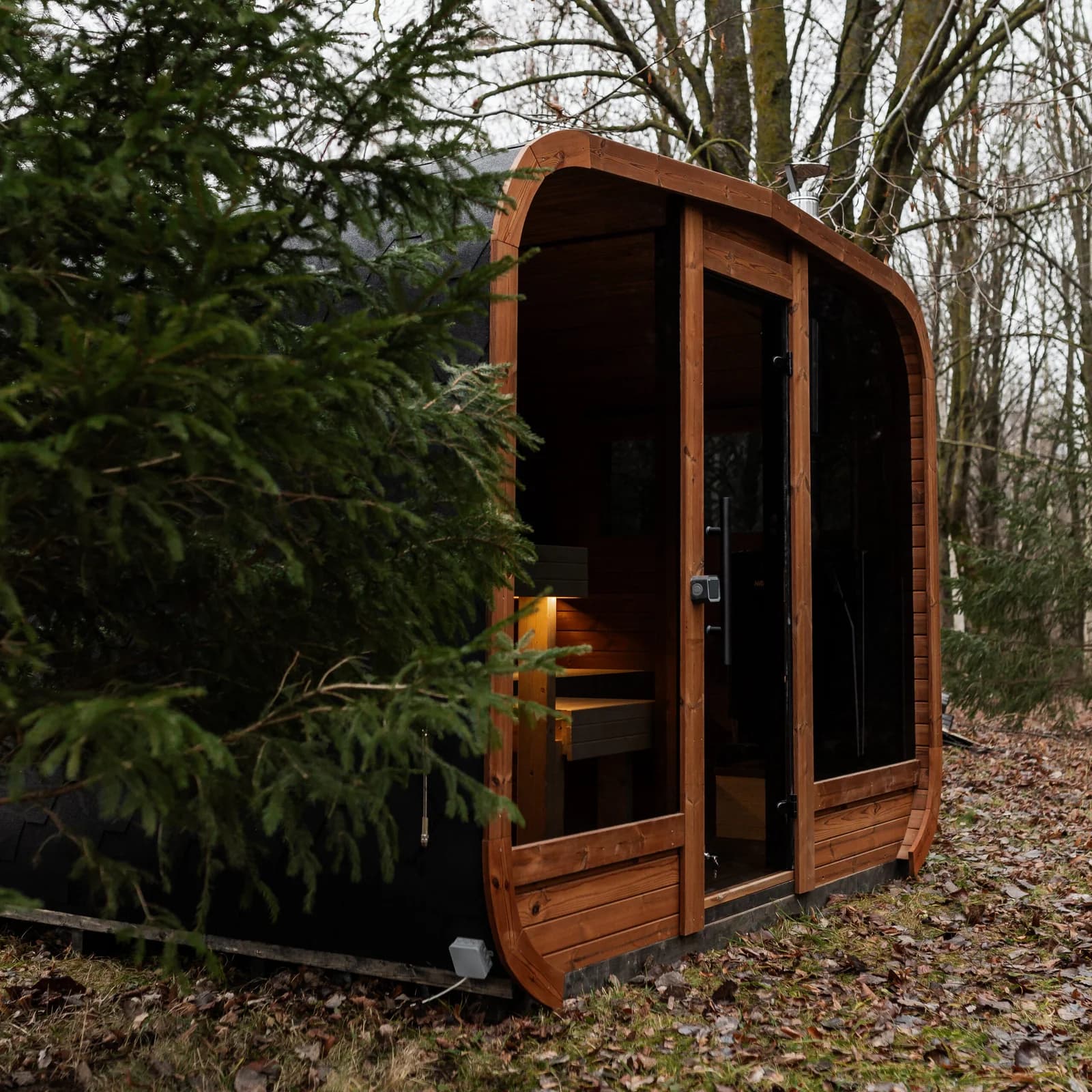 Wooden Outdoor Sauna With Panoramic Front Window, view 16