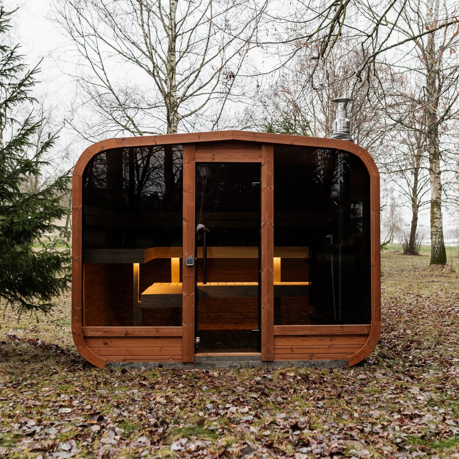 Wooden Outdoor Sauna With Panoramic Front Window, view 2